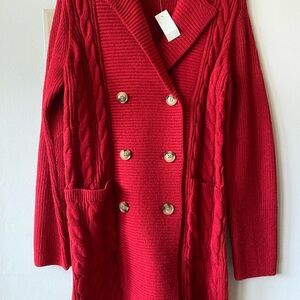 Ann Taylor Red Double-Breasted Cable Knit Cardigan